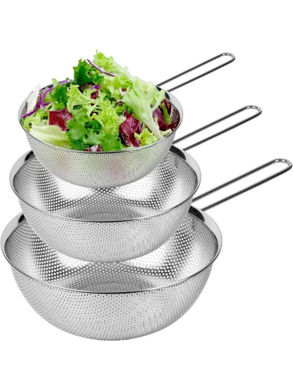 Set of 3 Stainless Steel Colanders with Long Handle - 1.5, 2.5, & 4 Qt Sizes